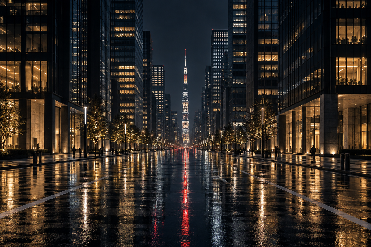 Nächtliche Allee mit Turm – Alu-Dibond Wandbild Stadt