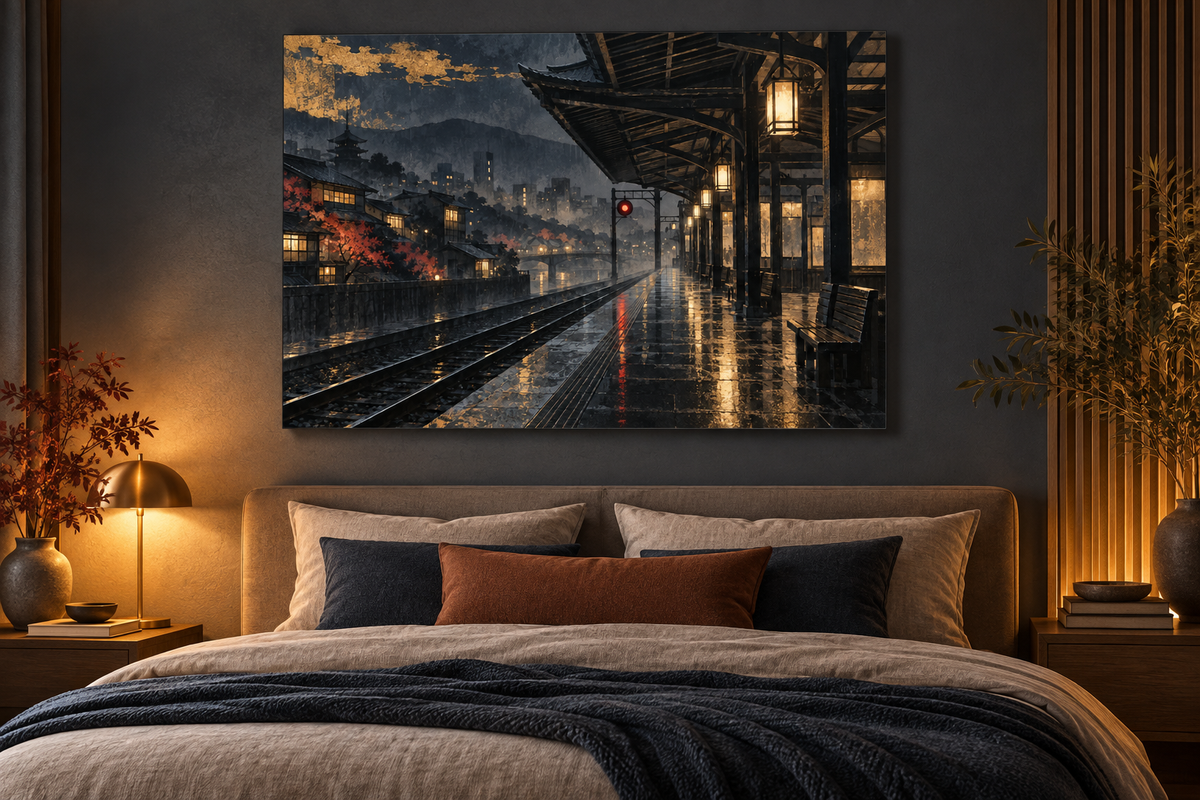 Bahnsteig im Regen bei Nacht – Alu-Dibond Wandbild Japan