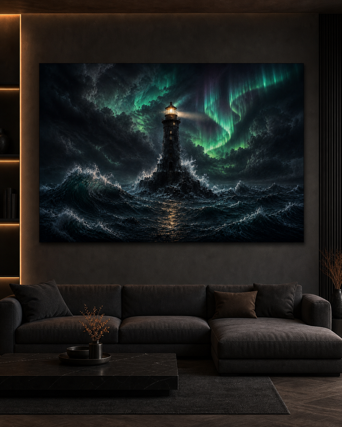 Leuchtturm im Sturm unter Nordlicht | Alu-Dibond Wandbild