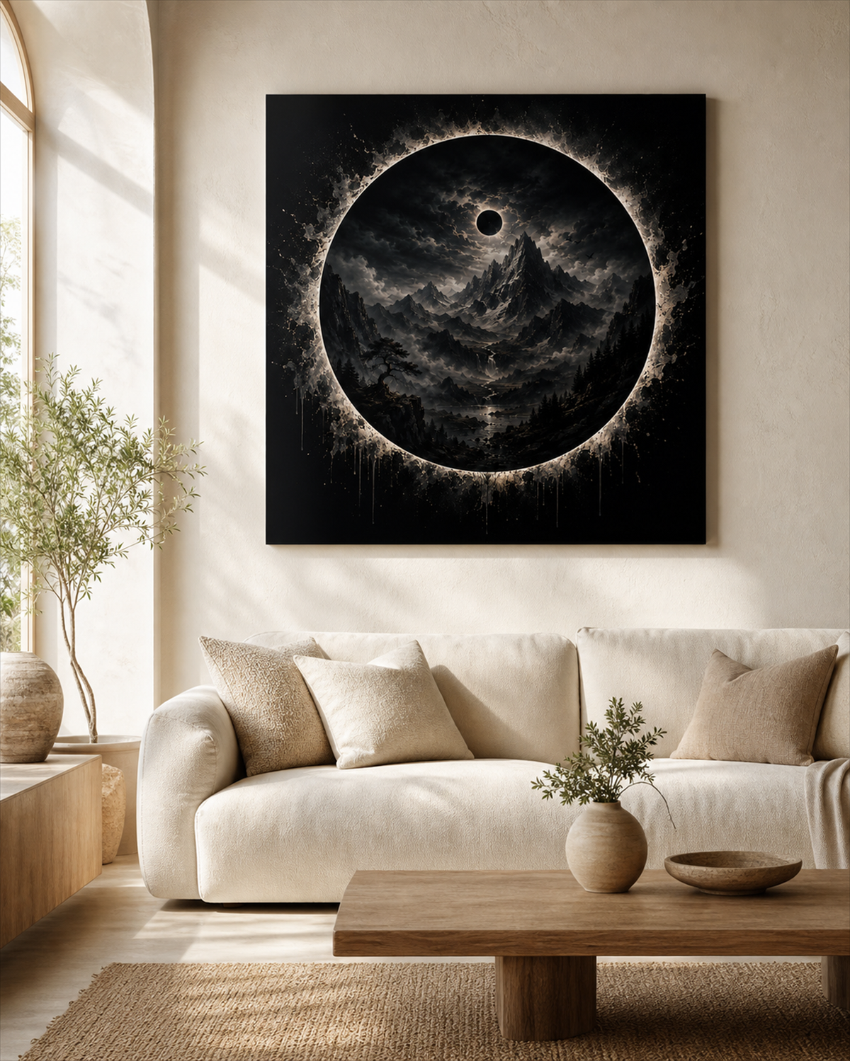Schwarze Sonne über Bergwelt | Dunkles Alu-Dibond Wandbild