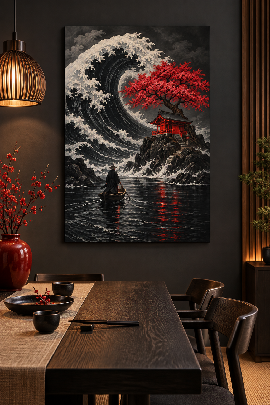 Welle und roter Schrein – Alu-Dibond Wandbild Hochformat