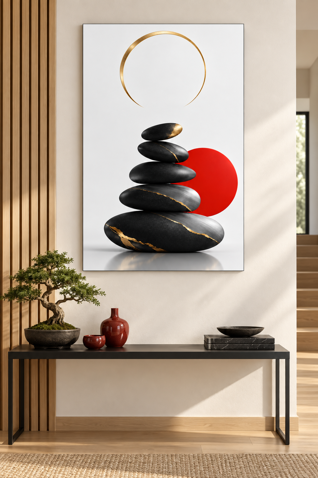 Zen-Steine mit Kintsugi vor rotem Kreis – Alu-Dibond Bild
