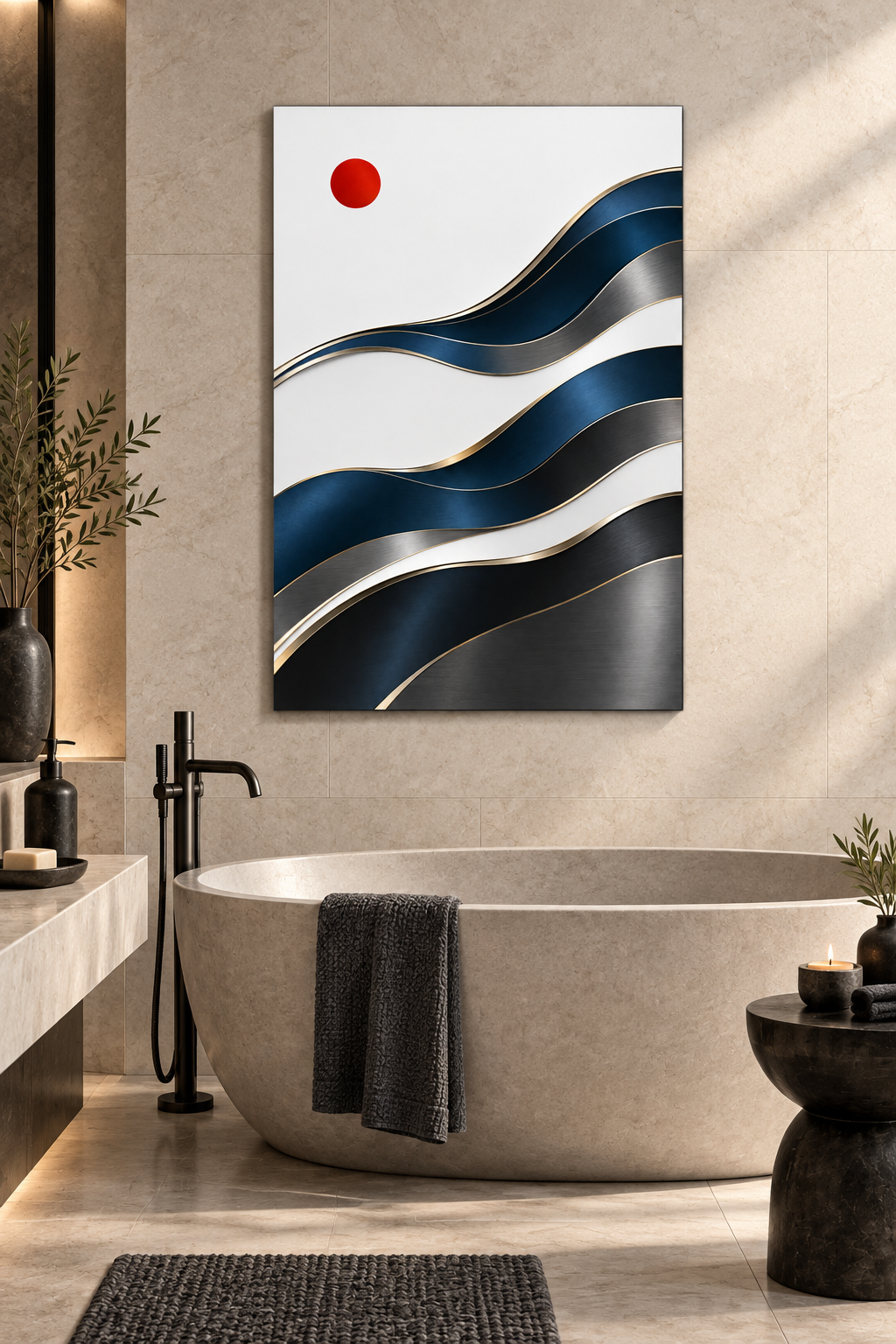 Indigowellen mit roter Sonne – Alu-Dibond Wandbild