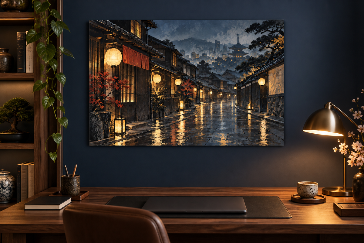 Laternengasse in Kyoto – Alu-Dibond Wandbild bei Nacht