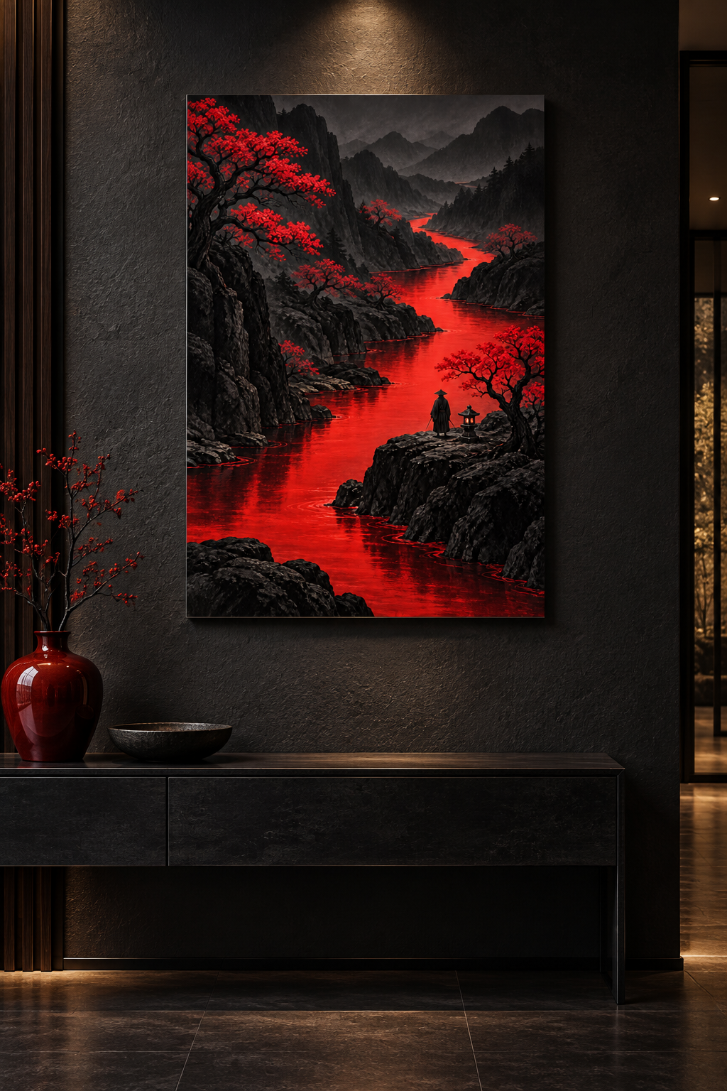 Roter Fluss durch schwarze Berge – Alu-Dibond Wandbild