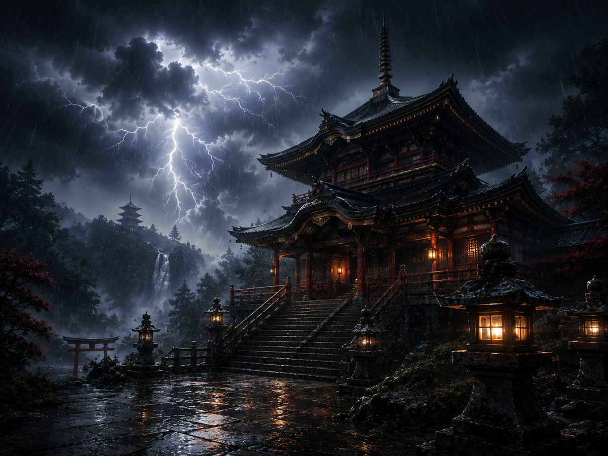 Japanischer Tempel im Gewitter – Alu-Dibond Wandbild