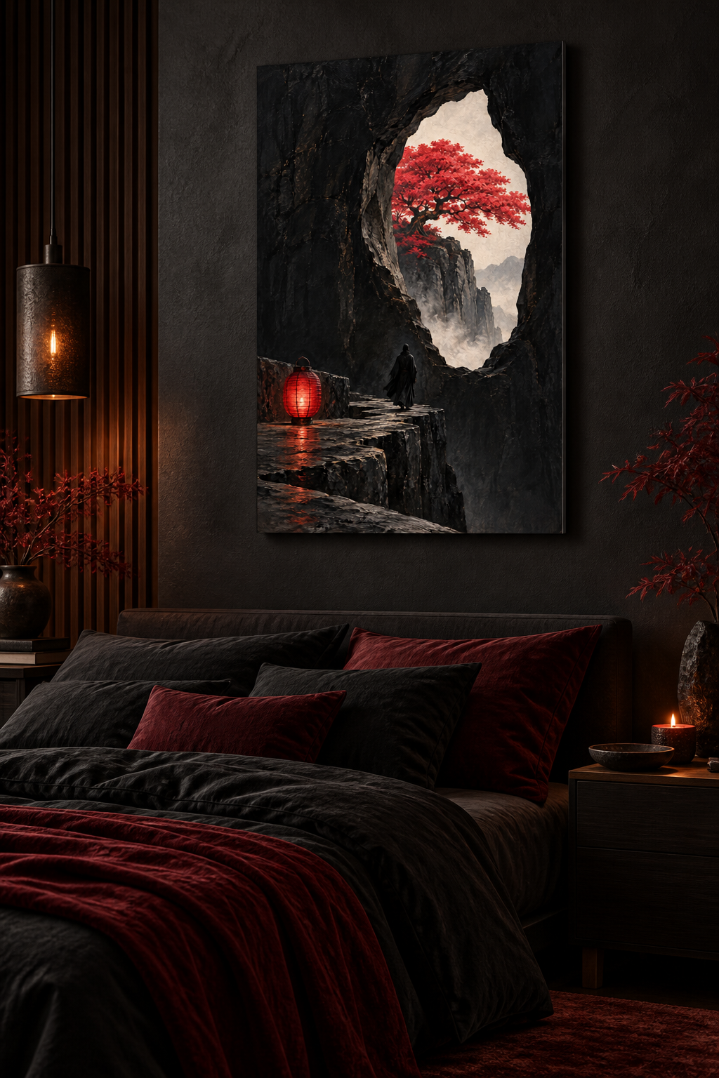 Roter Baum im Felsfenster – Alu-Dibond Wandbild Hochformat