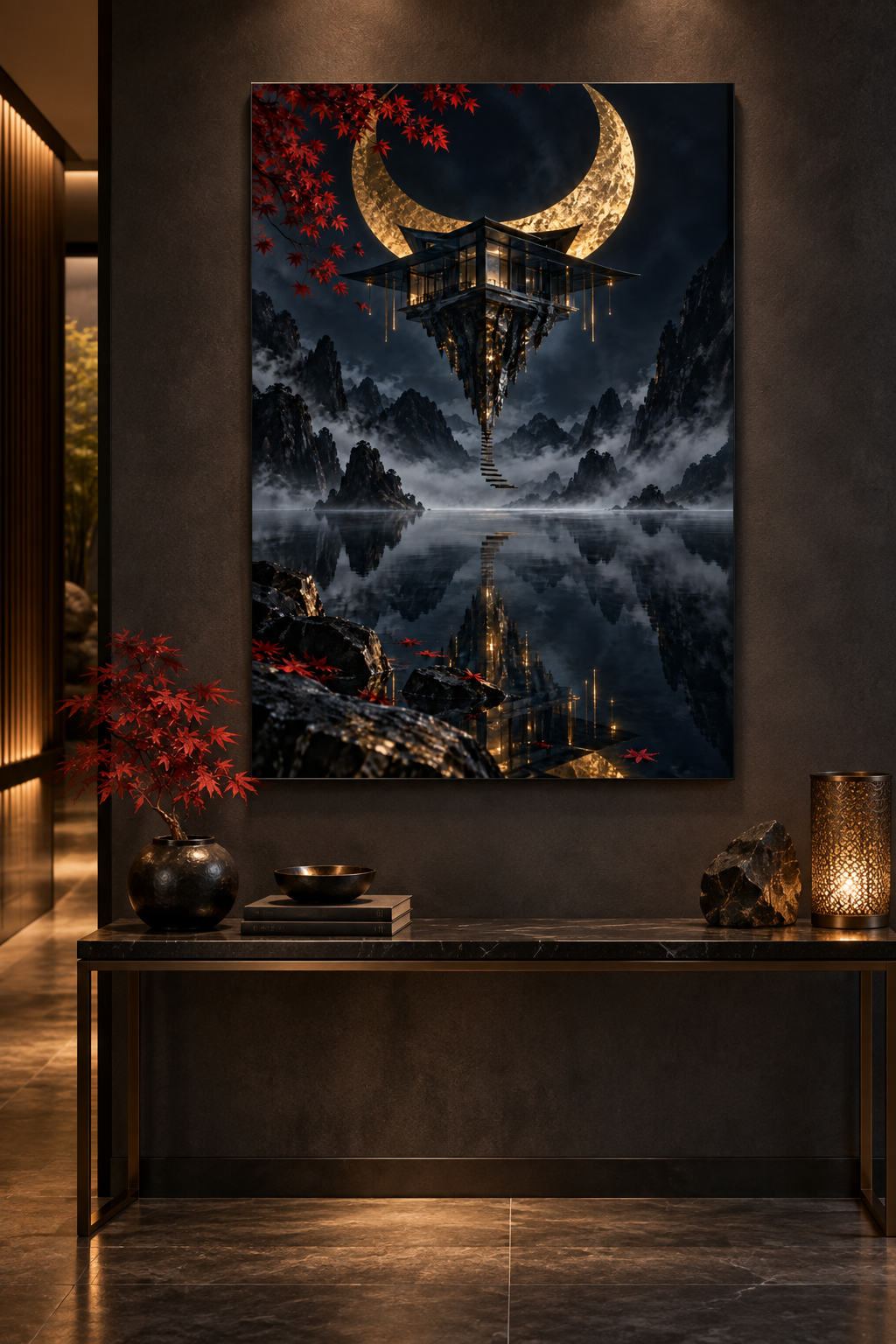 Schwebender Tempel unter Goldsichel – Alu-Dibond Bild