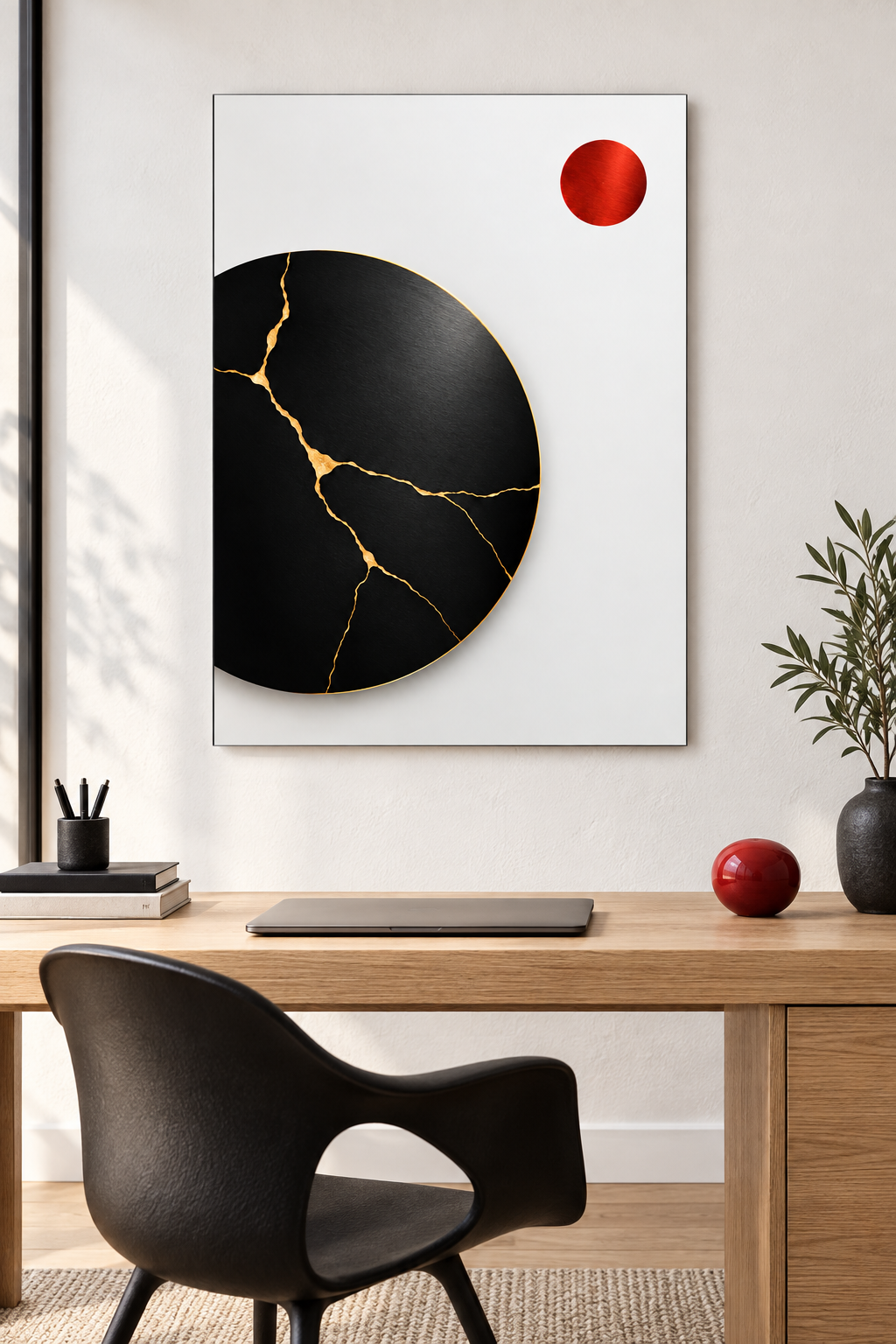 Kintsugi-Mond in Schwarz und Gold – Alu-Dibond Wandbild