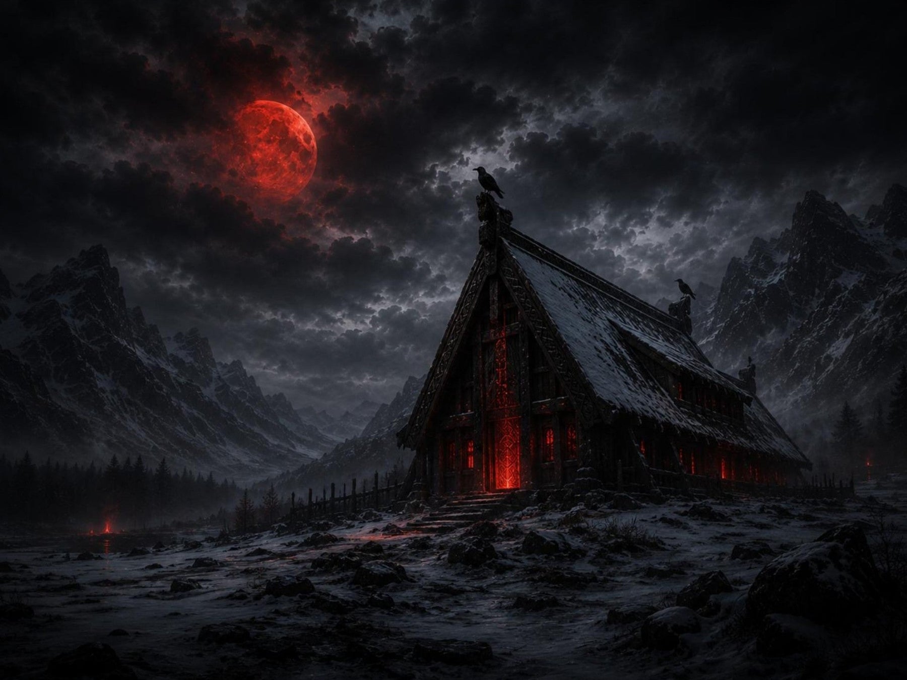 Wikinger-Langhaus Wandbild | Roter oder blauer Mond auf Alu-Dibond