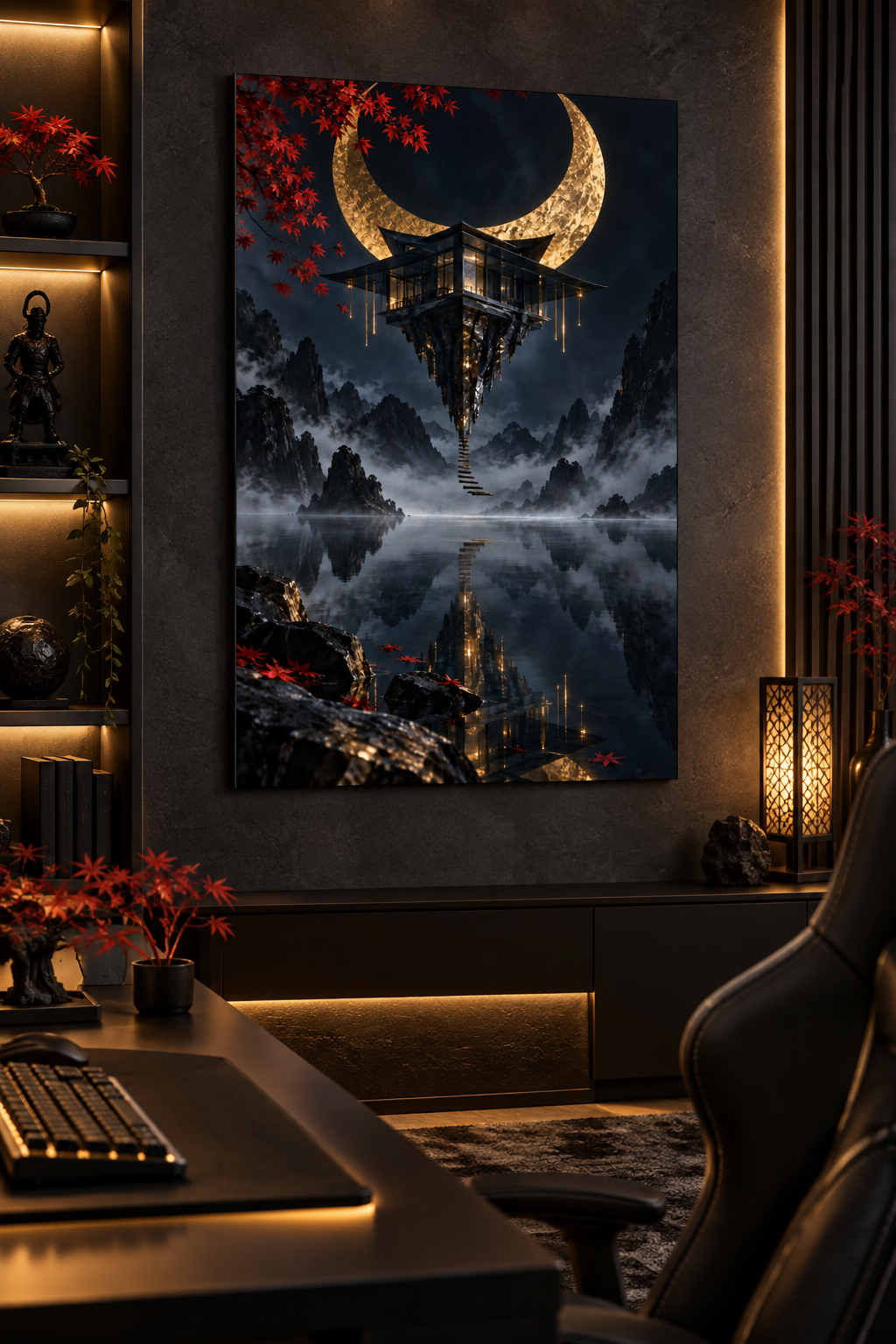 Schwebender Tempel unter Goldsichel – Alu-Dibond Bild