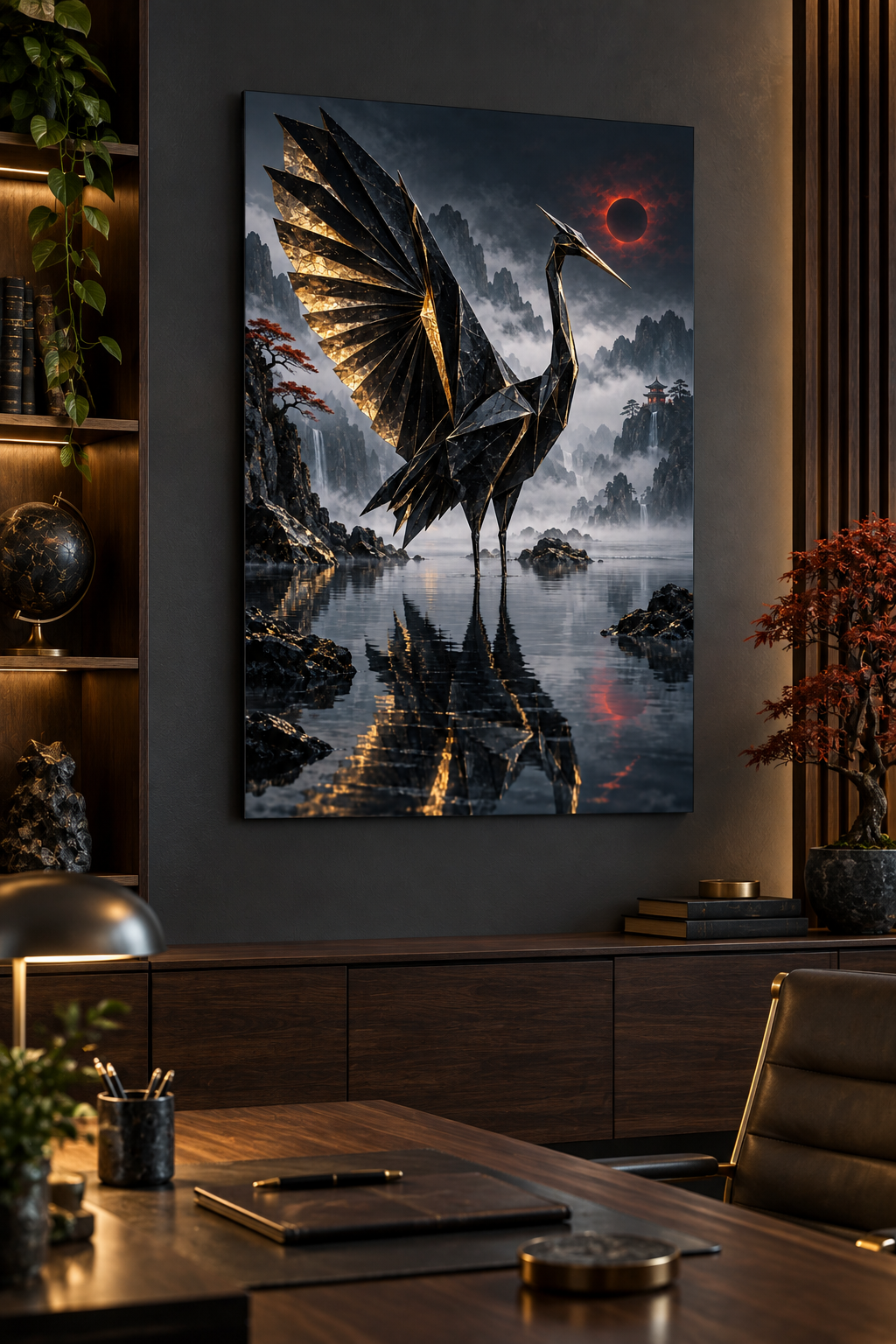 Origami-Kranich in Schwarz und Gold – Alu-Dibond Wandbild
