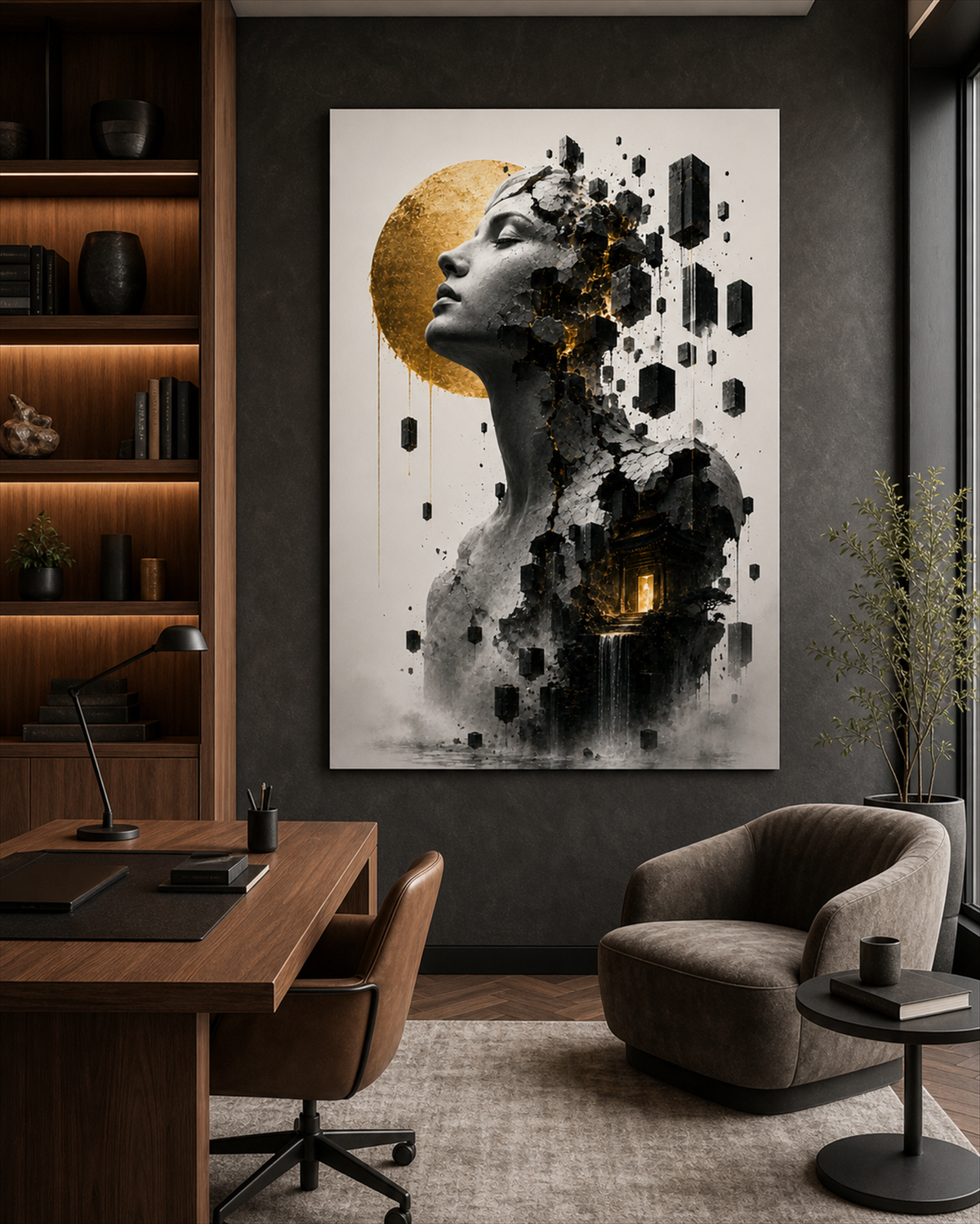 Kintsugi Frau mit japanischem Tempel | Alu-Dibond Wandbild