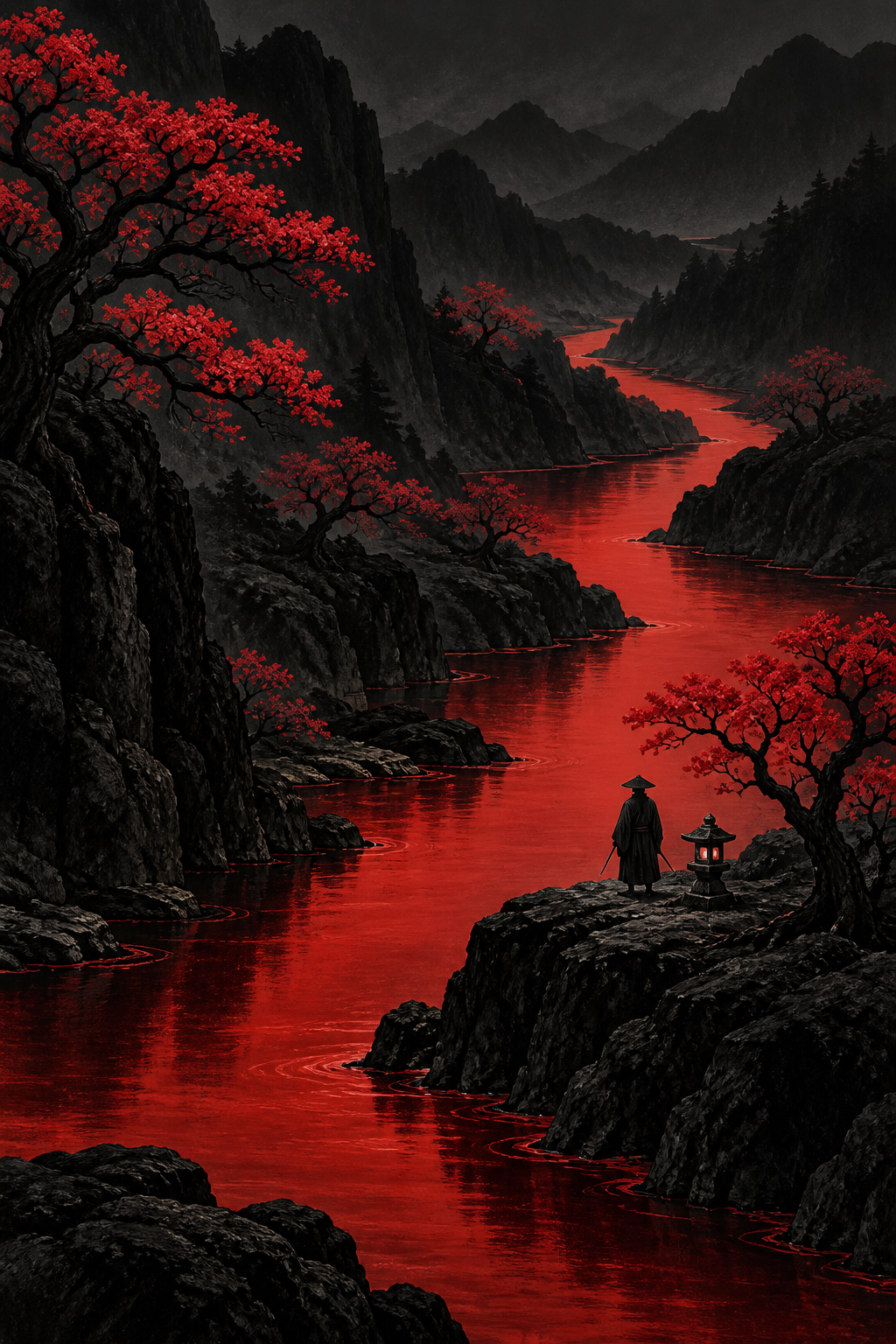 Roter Fluss durch schwarze Berge – Alu-Dibond Wandbild