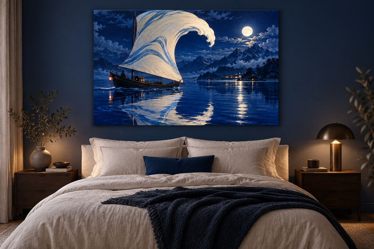 Segel als große Welle vor Vollmond – Alu-Dibond Wandbild