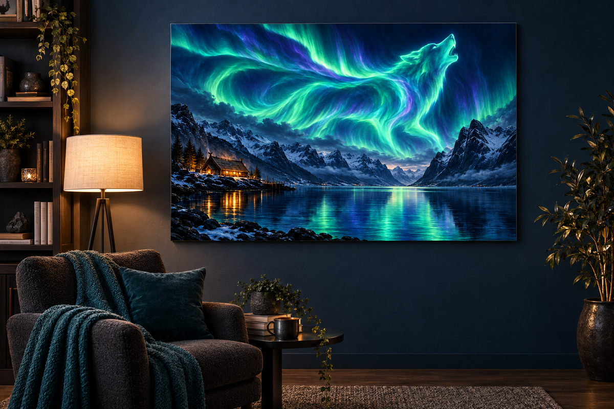 Polarlicht-Wolf über dem Fjord – Alu-Dibond Wandbild