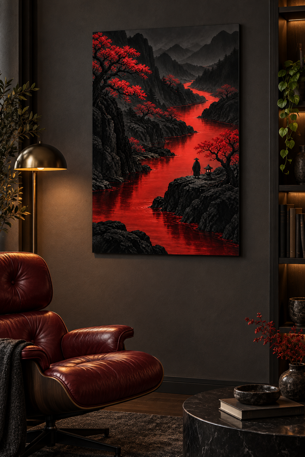 Roter Fluss durch schwarze Berge – Alu-Dibond Wandbild