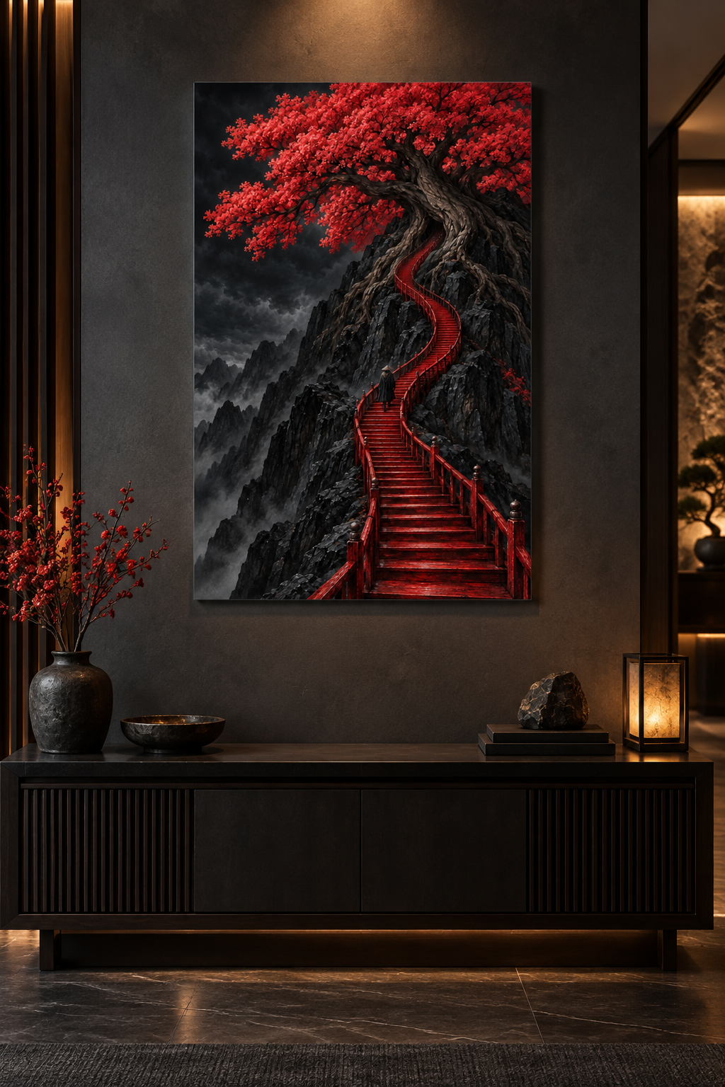 Rote Treppe zum blühenden Baum – Alu-Dibond Wandbild