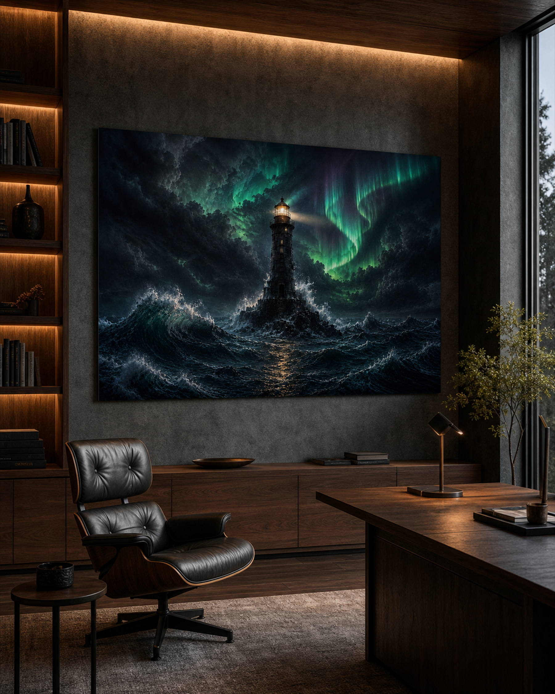Leuchtturm im Sturm unter Nordlicht | Alu-Dibond Wandbild