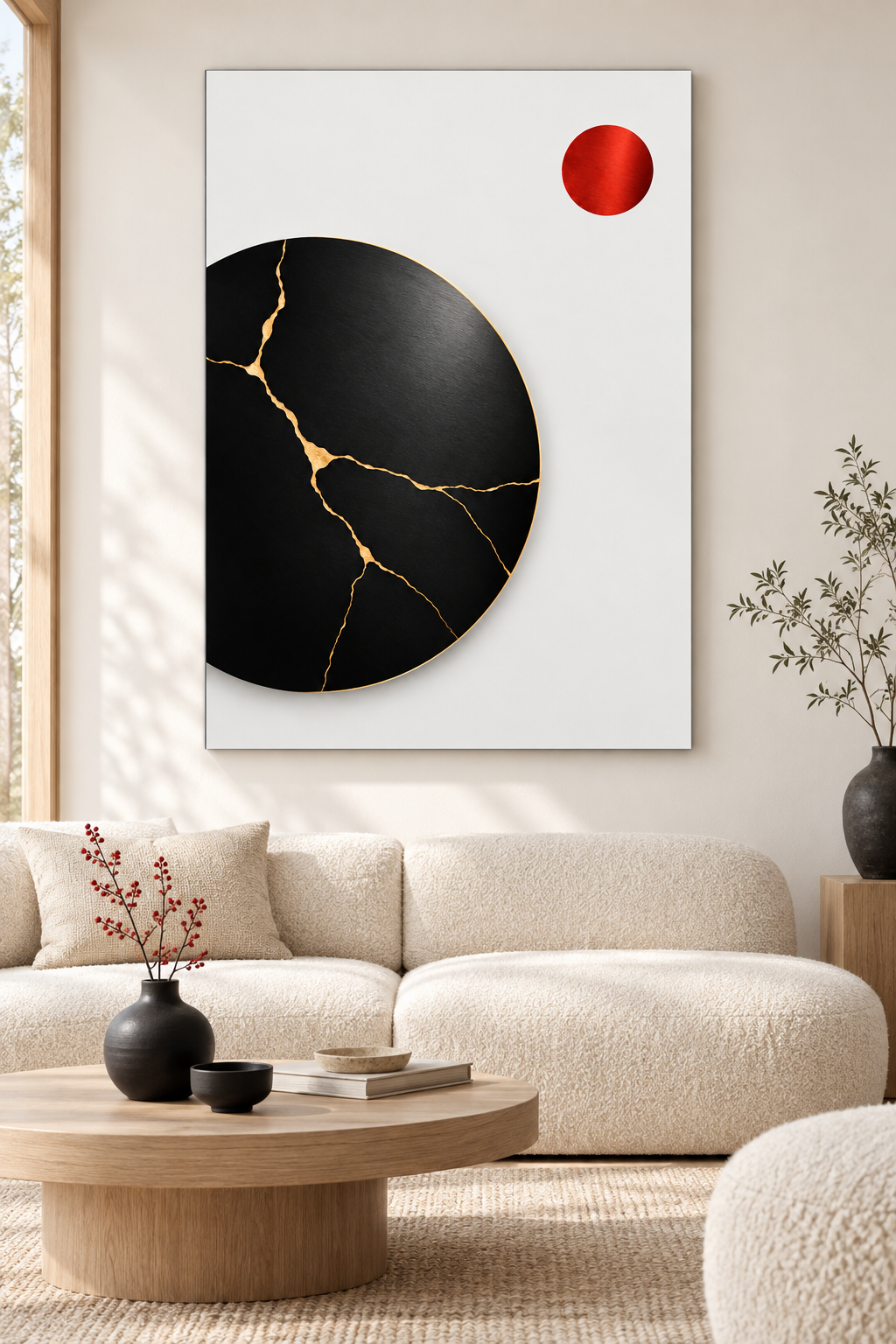 Kintsugi-Mond in Schwarz und Gold – Alu-Dibond Wandbild