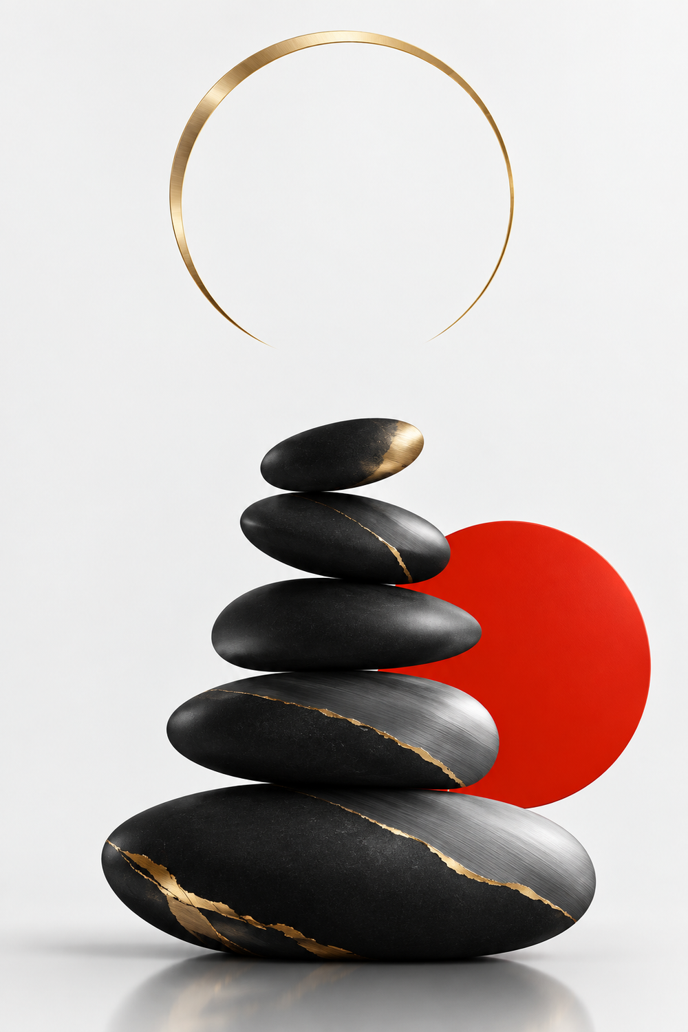 Zen-Steine mit Kintsugi vor rotem Kreis – Alu-Dibond Bild