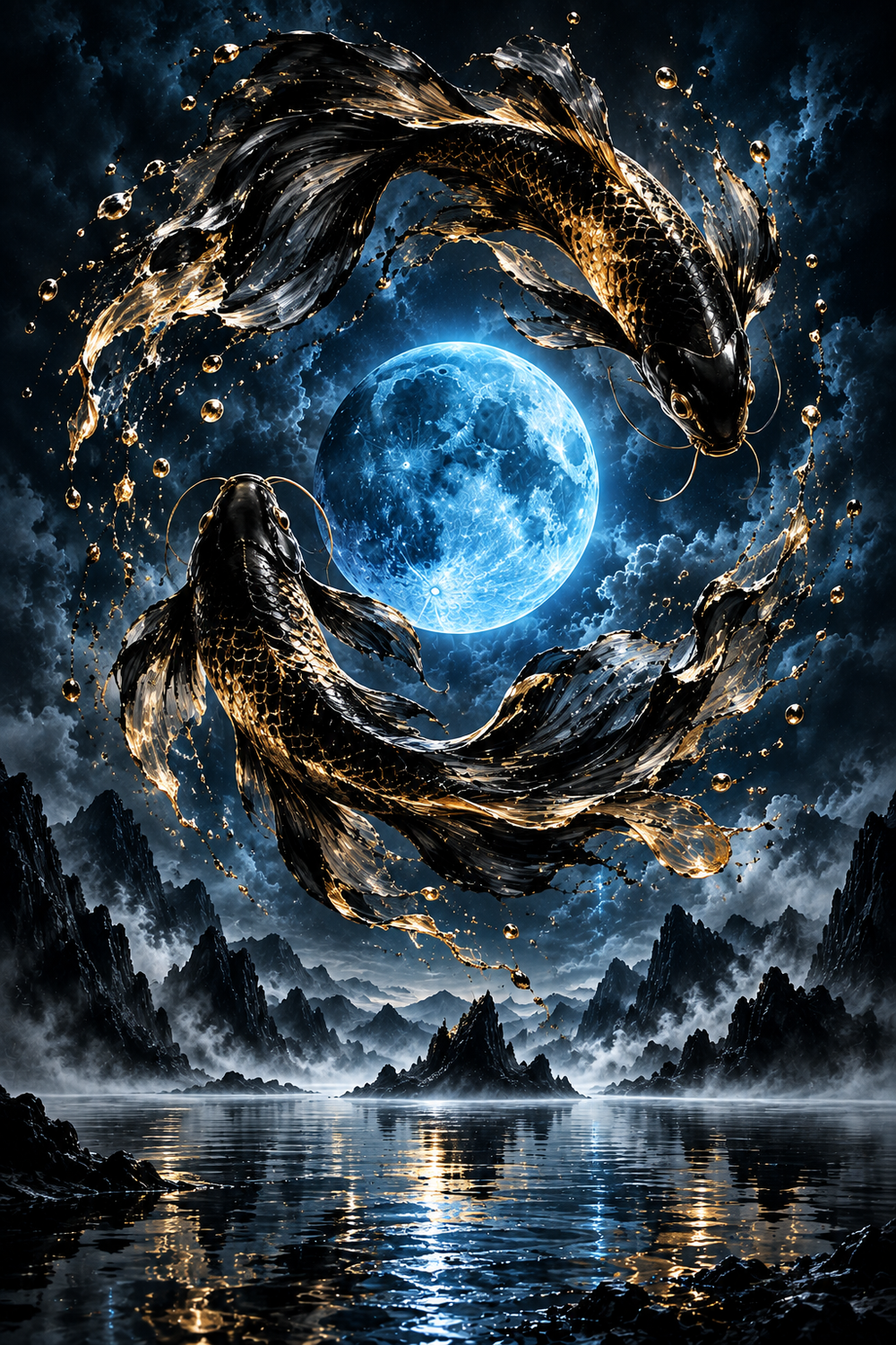 Koi um den blauen Mond – Alu-Dibond Wandbild Hochformat