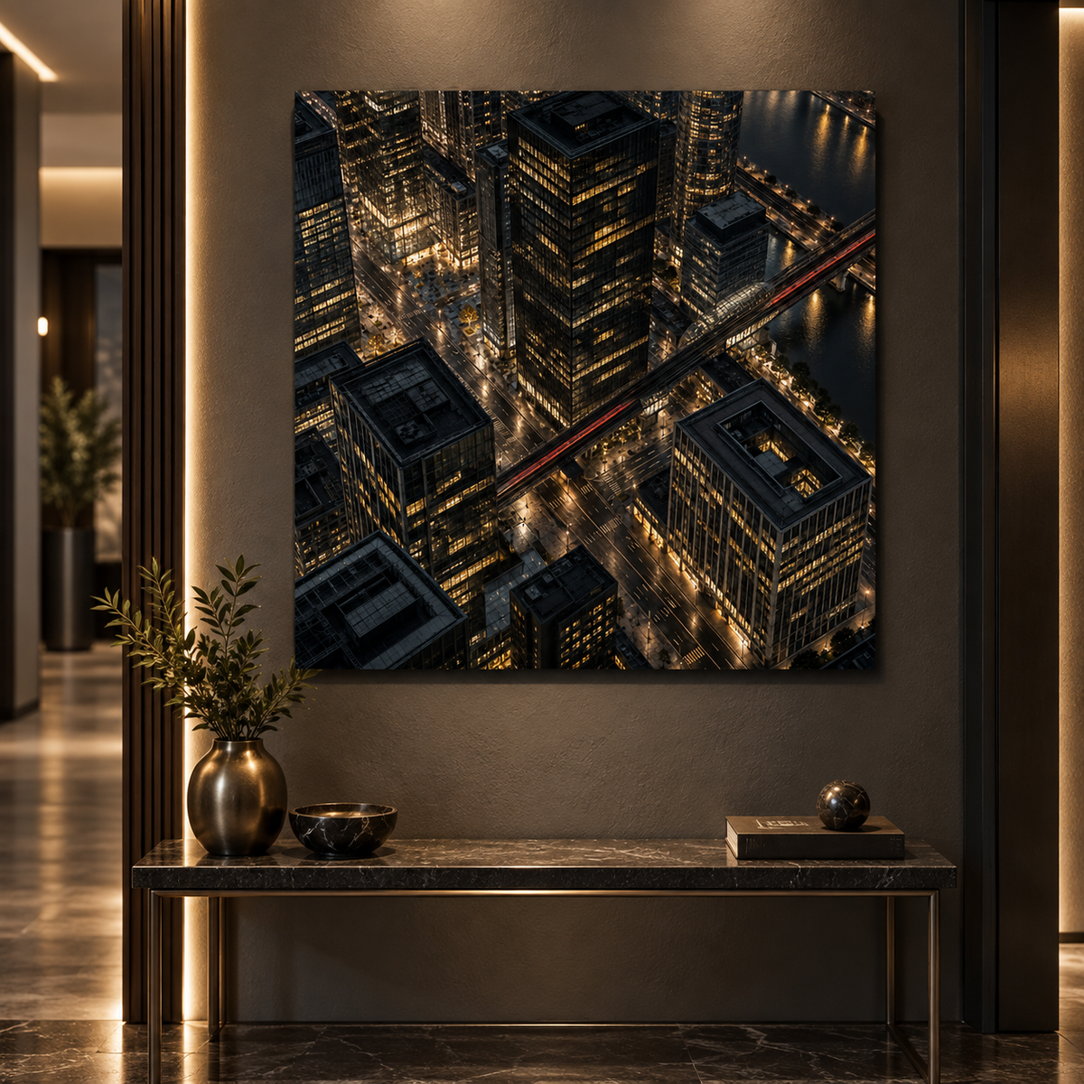 Stadt von oben bei Nacht – Alu-Dibond Wandbild quadratisch