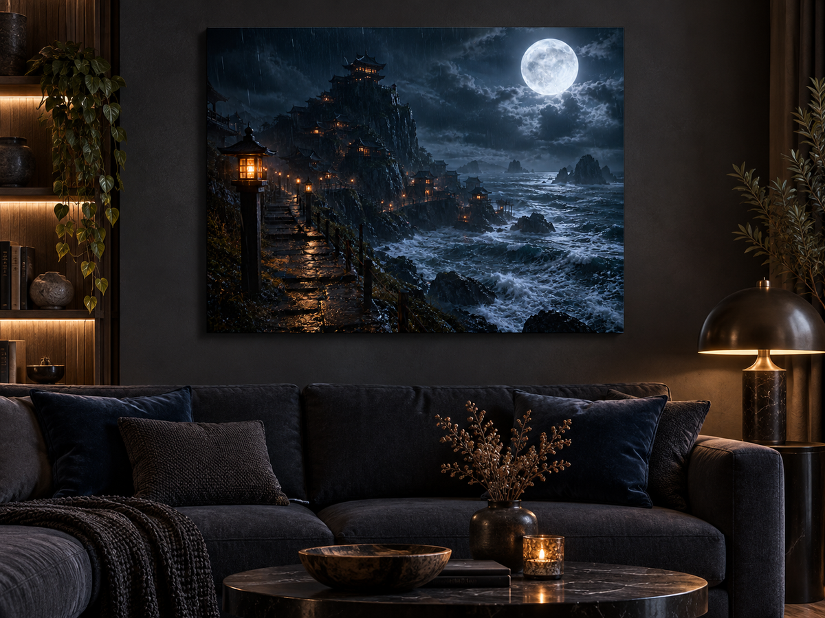 Klosterstadt am Meer bei Vollmond – Alu-Dibond Wandbild