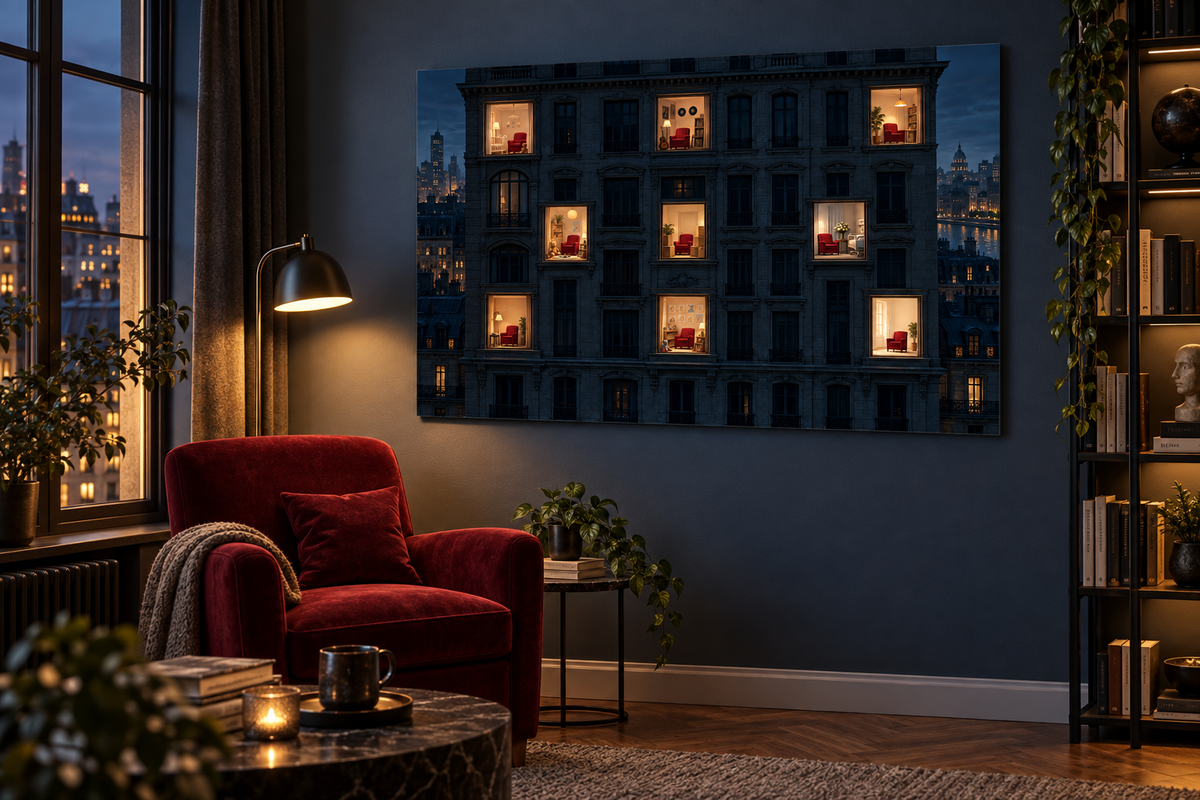 Neun Fenster mit rotem Sessel – Alu-Dibond Wandbild