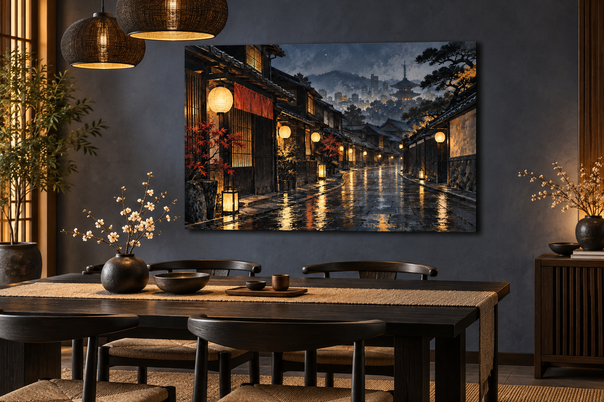 Laternengasse in Kyoto – Alu-Dibond Wandbild bei Nacht