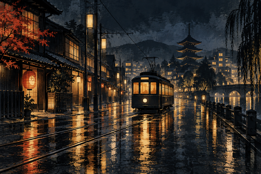 Nachttram im Regen – japanisches Alu-Dibond Wandbild