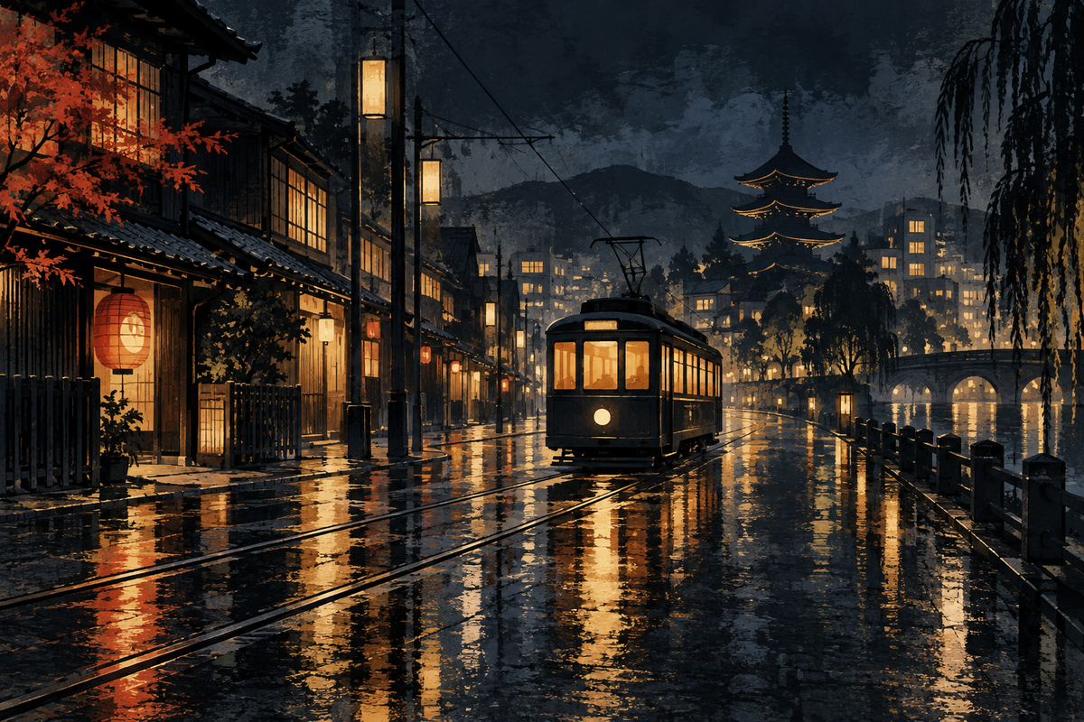 Nachttram im Regen – japanisches Alu-Dibond Wandbild