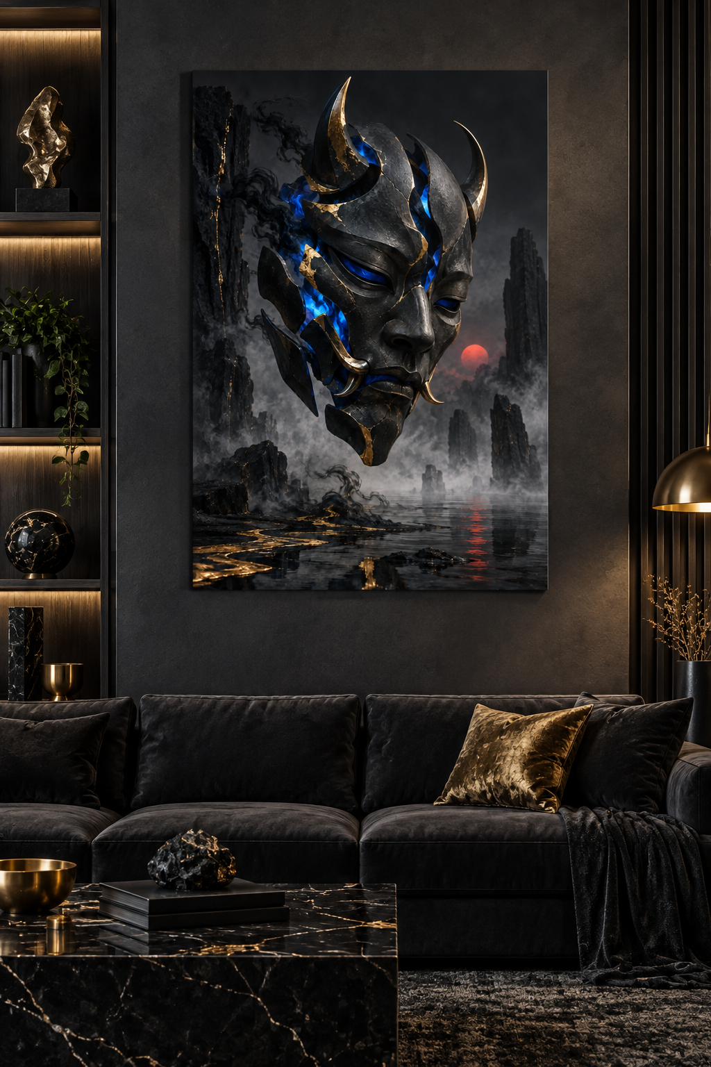 Oni-Maske mit blauer Flamme – Alu-Dibond Wandbild Hochformat