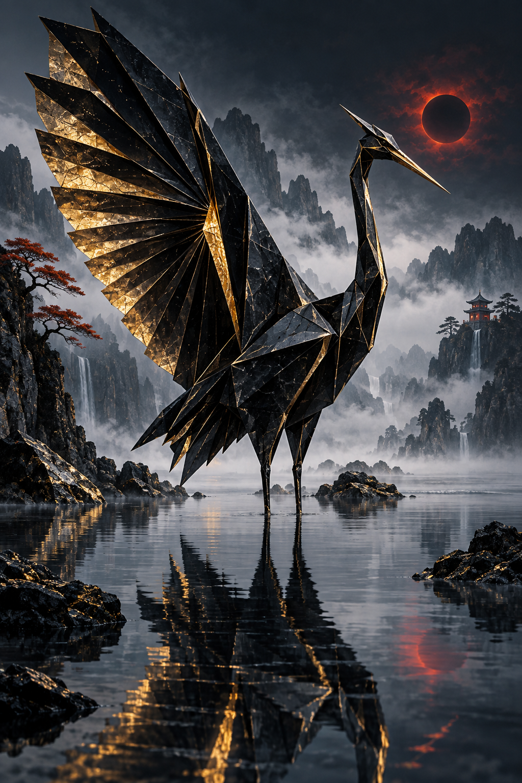 Origami-Kranich in Schwarz und Gold – Alu-Dibond Wandbild