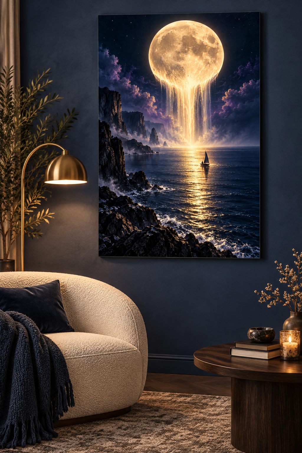 Mond fließt ins Meer – Alu-Dibond Wandbild Hochformat