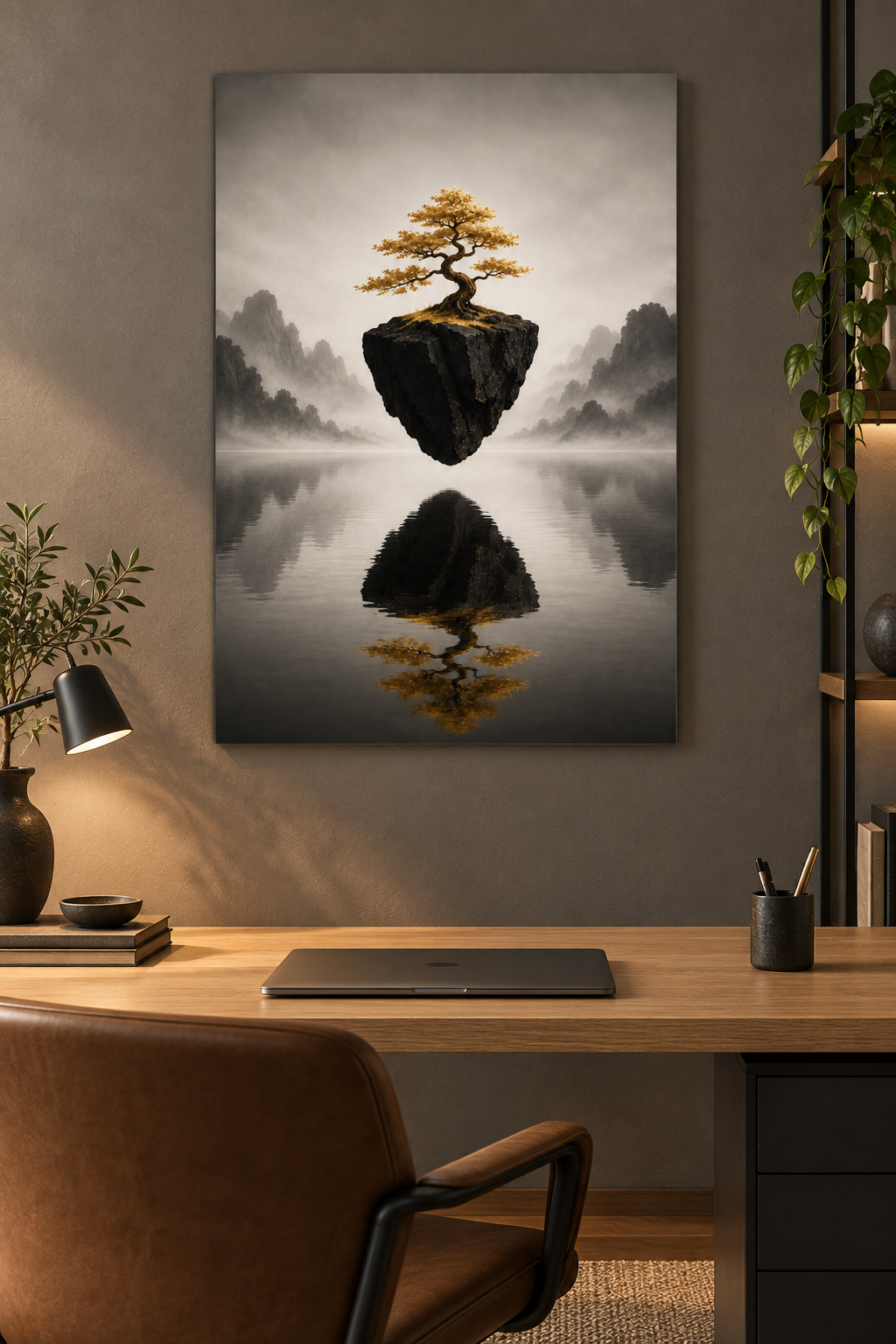 Goldener Bonsai auf schwebender Insel – Alu-Dibond Bild