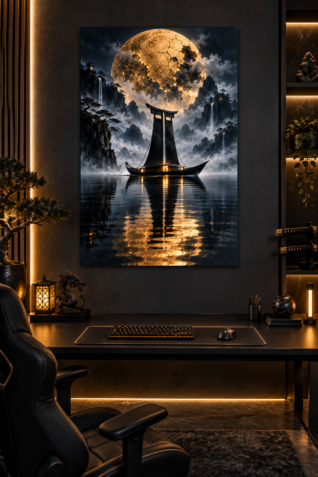 Schiff mit Torii-Segel vor Goldmond – Alu-Dibond Wandbild