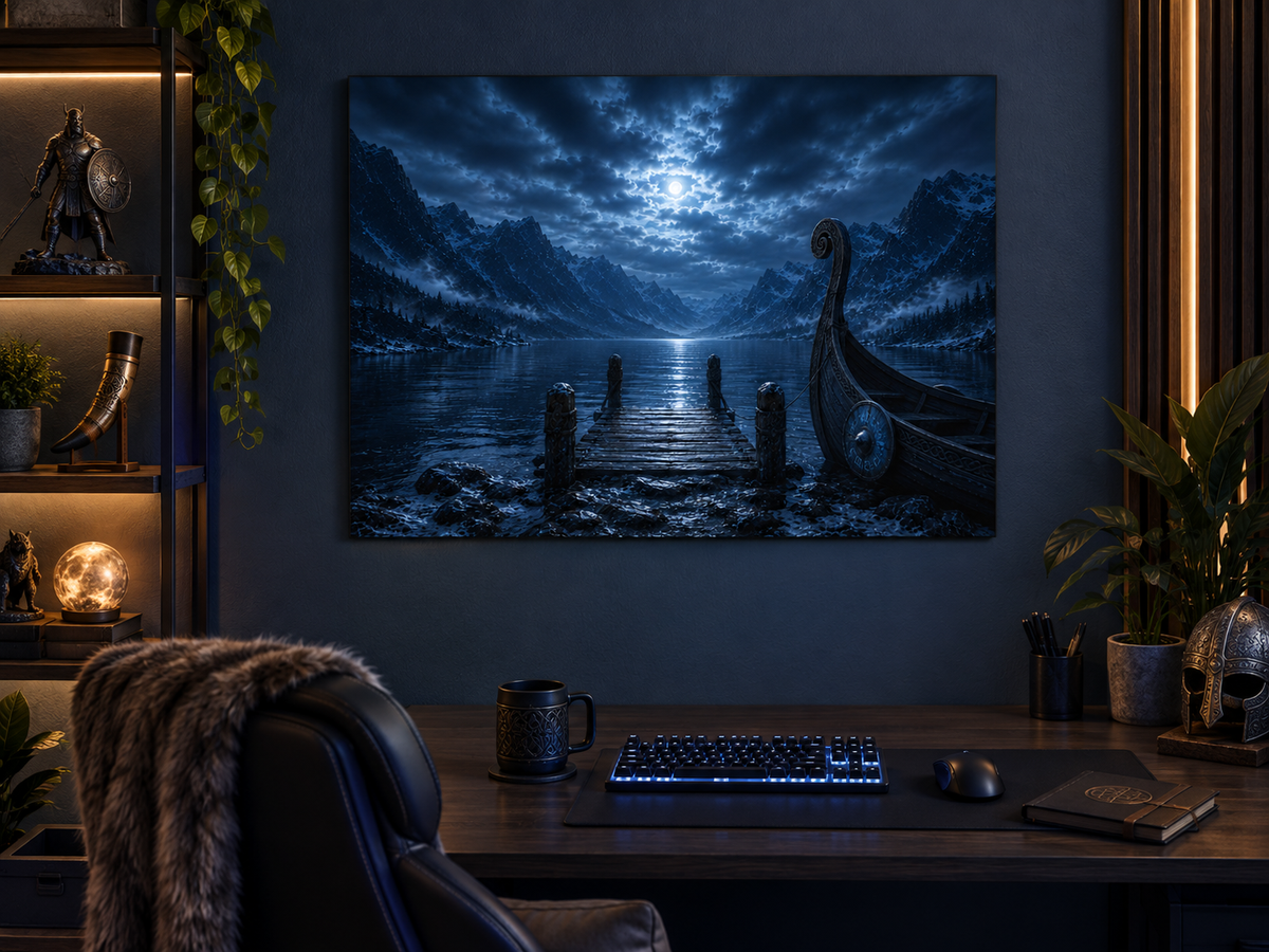 Steg im Mondlicht mit Drachenschiff – Alu-Dibond Wandbild