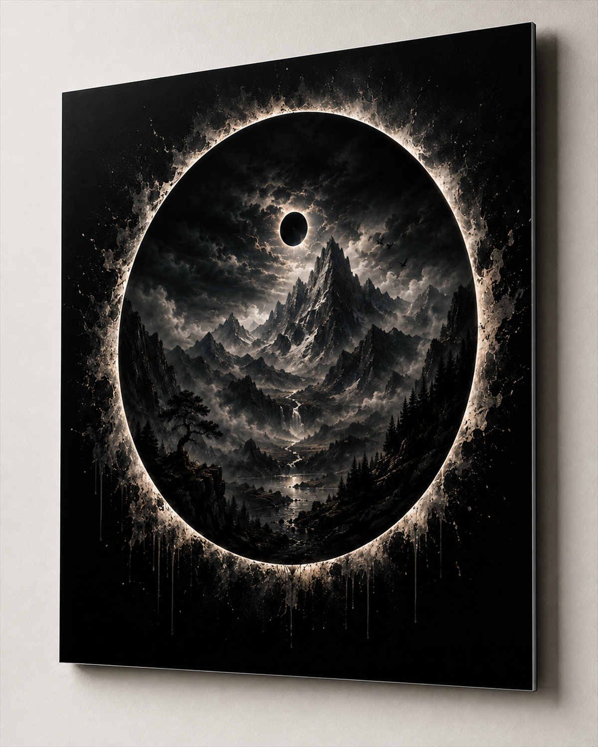 Schwarze Sonne über Bergwelt | Dunkles Alu-Dibond Wandbild