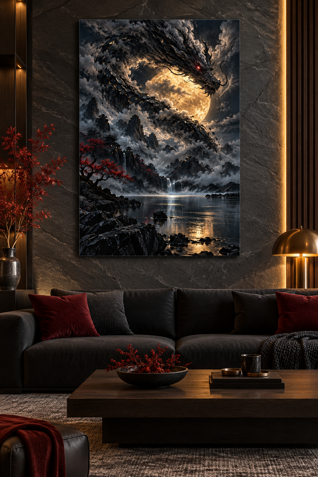 Wolkendrache vor goldenem Mond – Alu-Dibond Wandbild