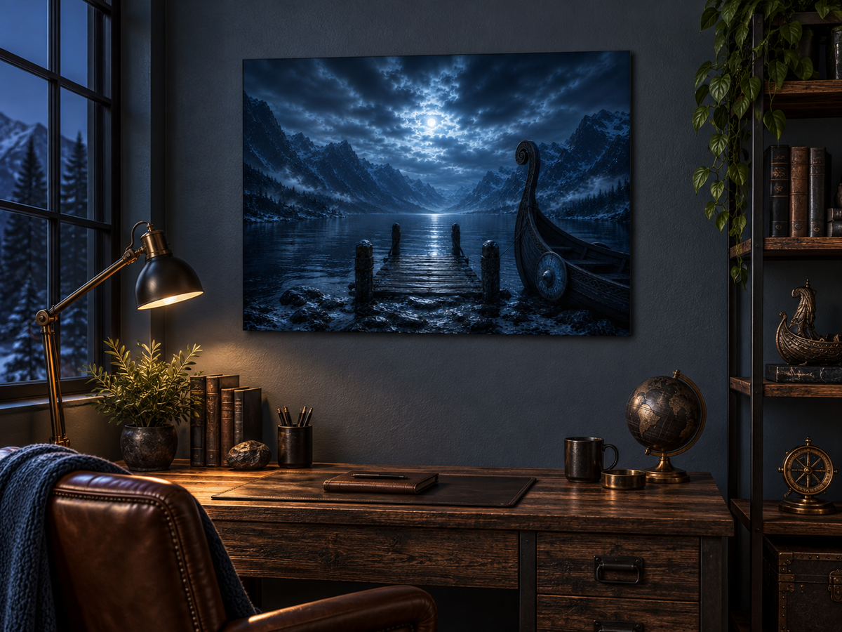Steg im Mondlicht mit Drachenschiff – Alu-Dibond Wandbild
