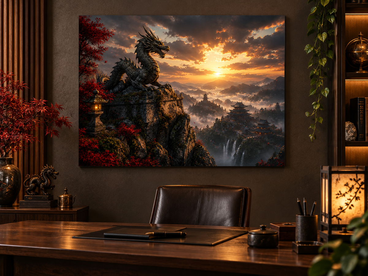 Drachenstatue über dem Wolkental – Alu-Dibond Wandbild