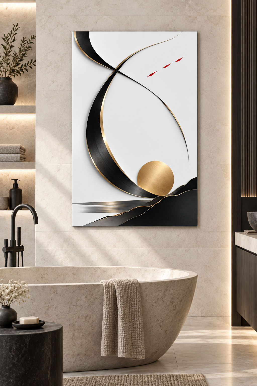 Kranich als Schwung in Schwarz und Gold – Alu-Dibond Bild
