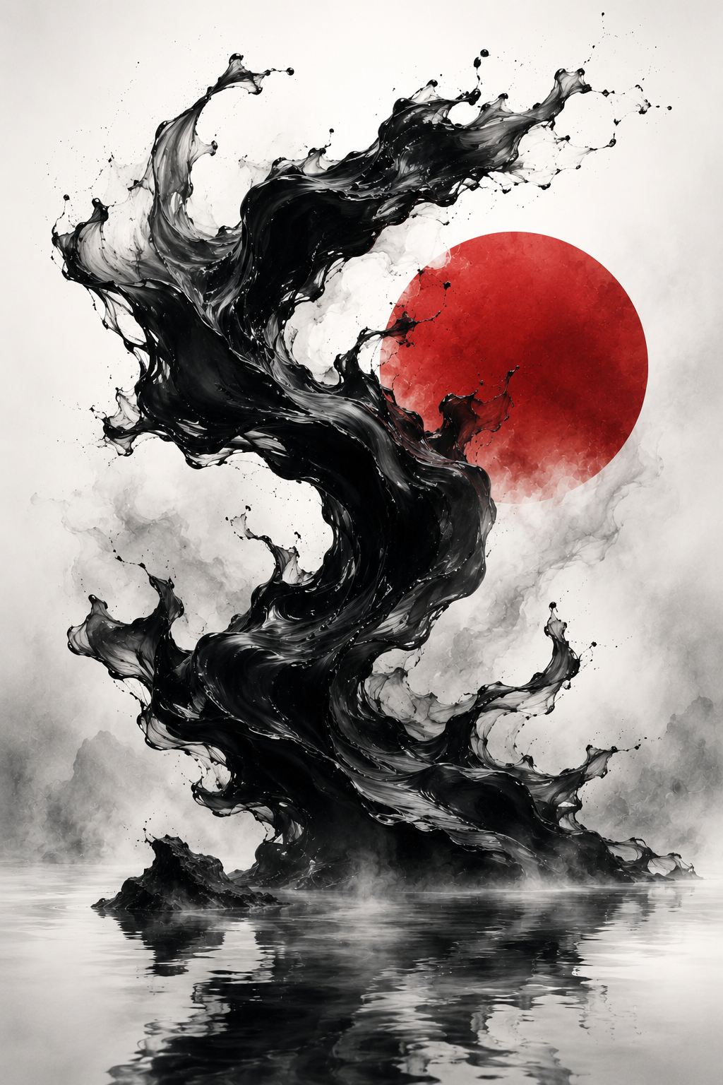 Japanische Tintenwelle mit roter Sonne | Alu-Dibond Wandbild