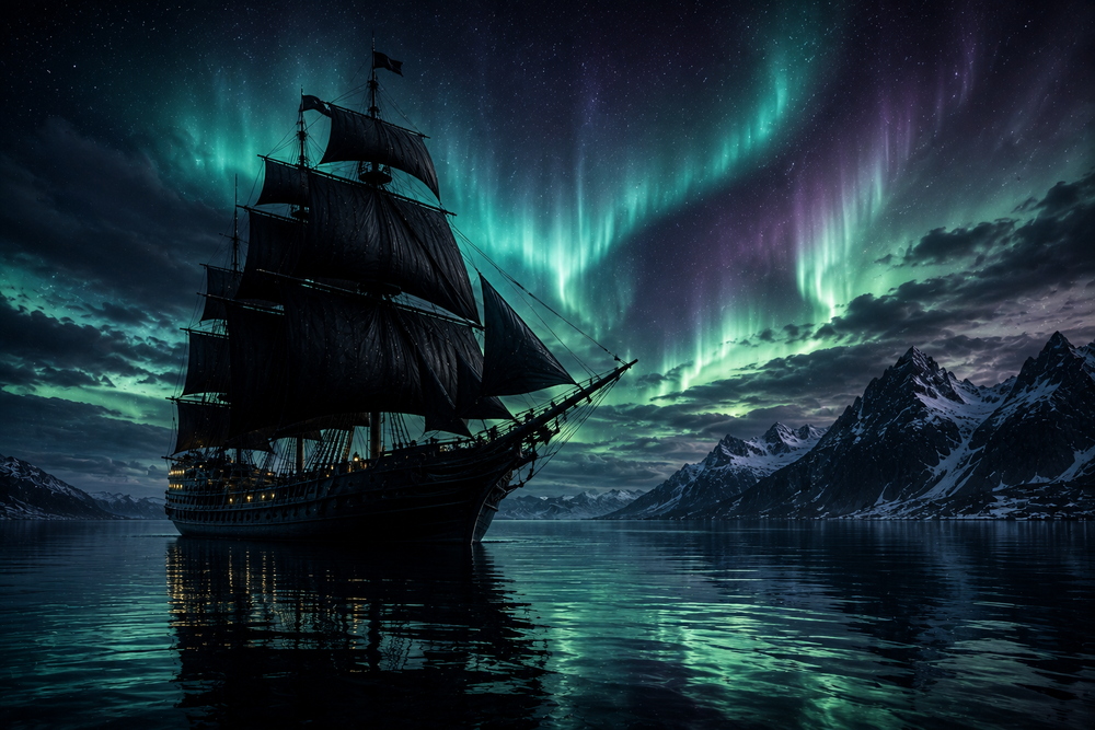 Dunkles Segelschiff unter Nordlicht | Nordisches Alu-Dibond Wandbild