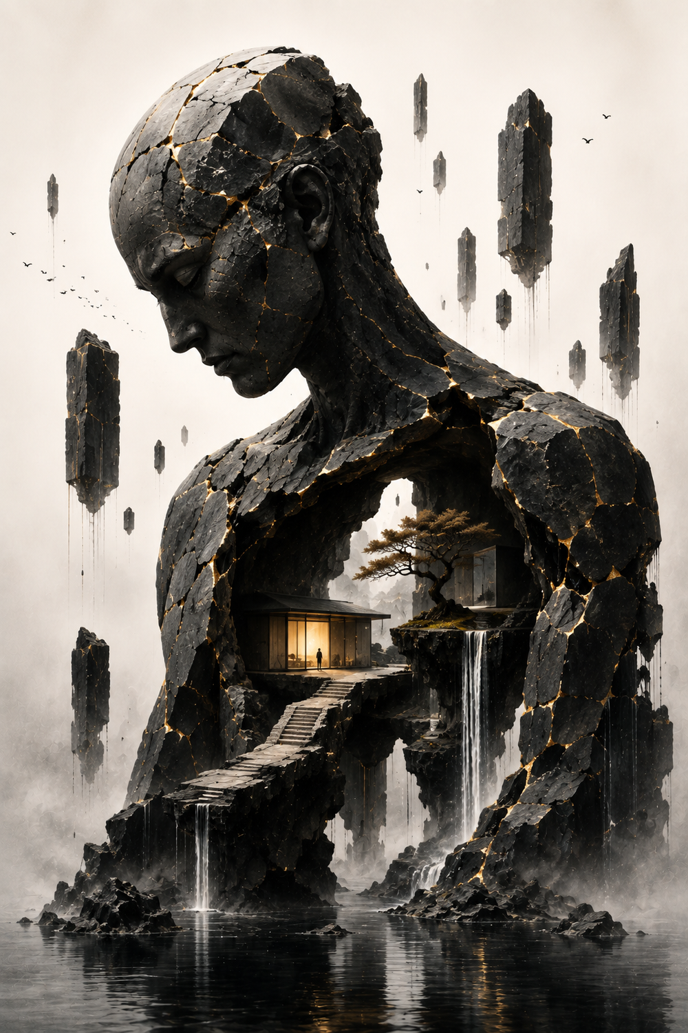 Kintsugi Figur mit innerer Landschaft | Surreales Alu-Dibond Wandbild