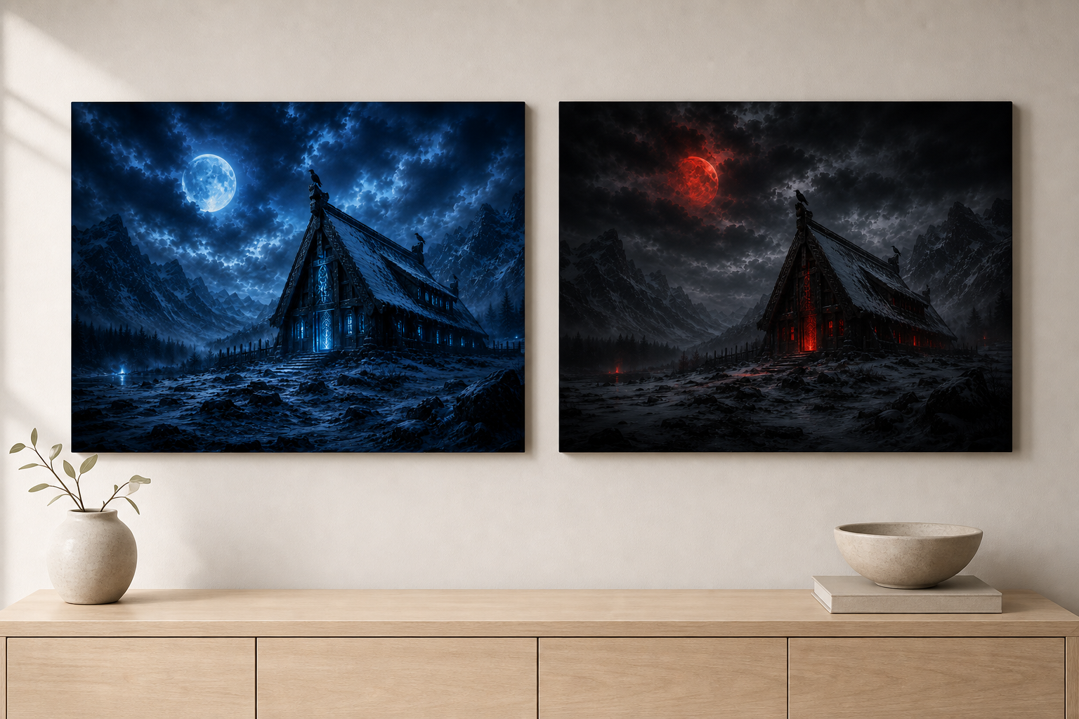 Wikinger-Langhaus Wandbild | Roter oder blauer Mond auf Alu-Dibond
